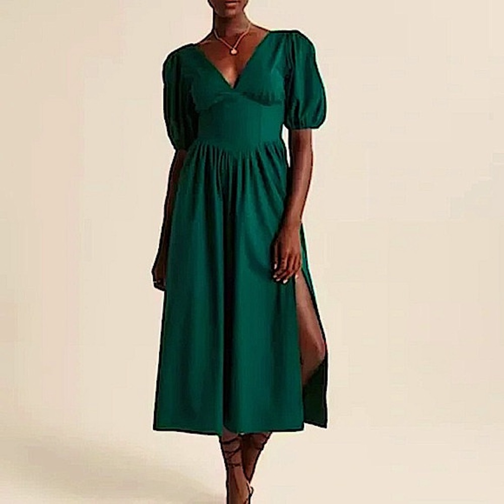 Abercrombie & Fitch Puff Sleeve Smocked Midi Dress